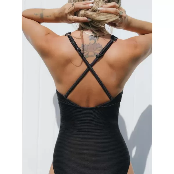 imageCUPSHE Womens One Piece Swimsuit V Neck Bathing Suit Tummy Control Cross Back Swimwear RibbedBlack