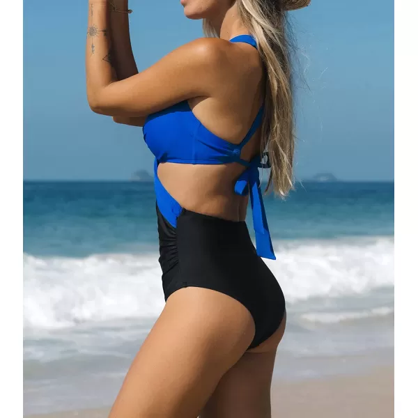 imageCUPSHE Womens One Piece Swimsuit V Neck Colorblock Bathing SuitBlueBlack