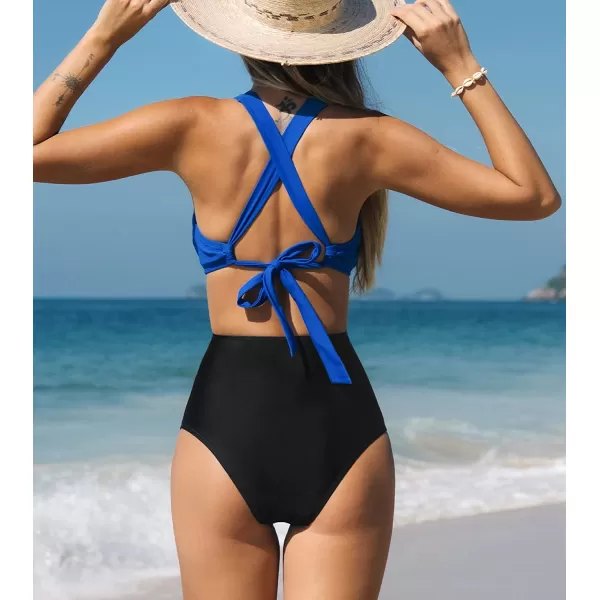 imageCUPSHE Womens One Piece Swimsuit V Neck Colorblock Bathing SuitBlueBlack