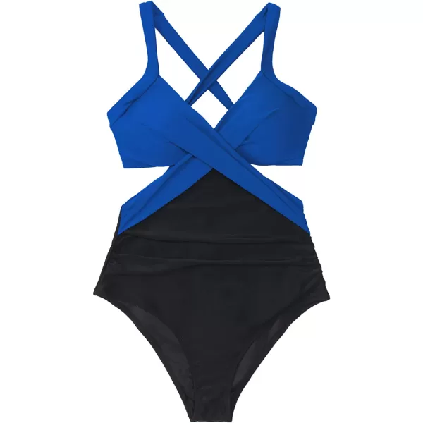 imageCUPSHE Womens One Piece Swimsuit V Neck Colorblock Bathing SuitBlueBlack