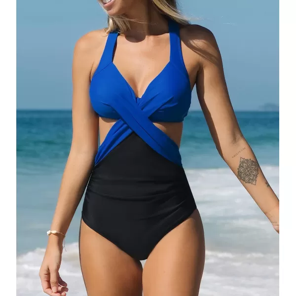 imageCUPSHE Womens One Piece Swimsuit V Neck Colorblock Bathing SuitBlueBlack