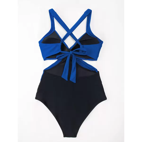 imageCUPSHE Womens One Piece Swimsuit V Neck Colorblock Bathing SuitBlueBlack