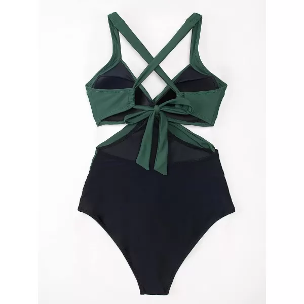 imageCUPSHE Womens One Piece Swimsuit V Neck Colorblock Bathing SuitGreenBlack