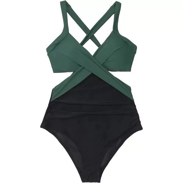 imageCUPSHE Womens One Piece Swimsuit V Neck Colorblock Bathing SuitGreenBlack