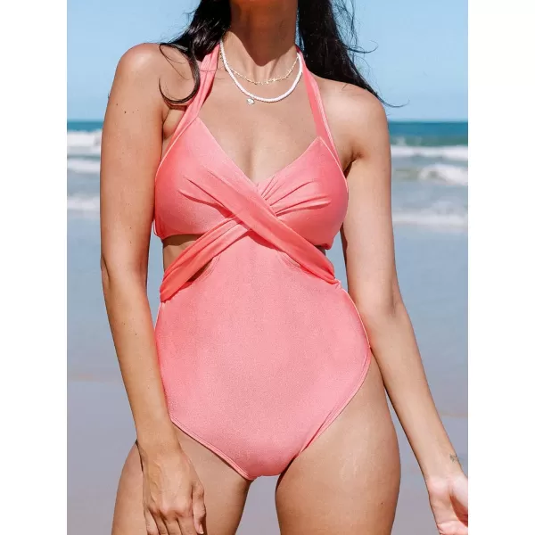 imageCUPSHE Womens One Piece Swimsuit V Neck Colorblock Bathing SuitPink