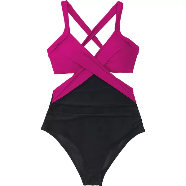 imageCUPSHE Womens One Piece Swimsuit V Neck Colorblock Bathing SuitPinkBlack