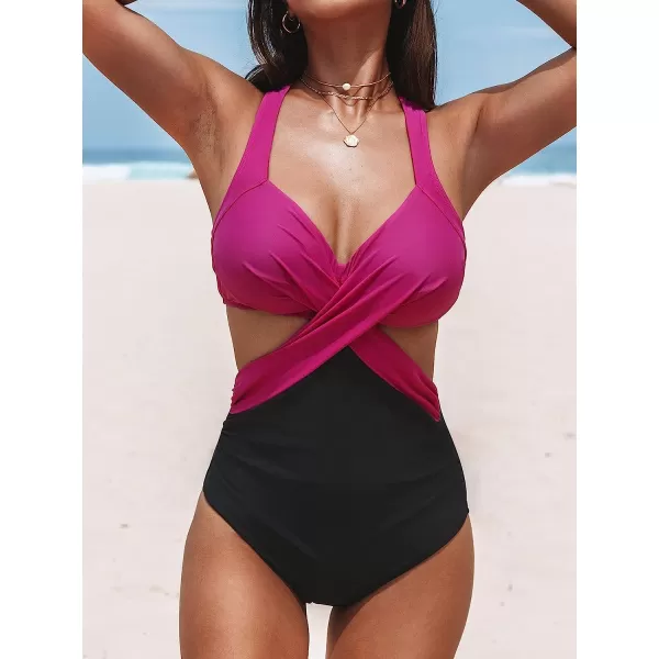 imageCUPSHE Womens One Piece Swimsuit V Neck Colorblock Bathing SuitPinkBlack