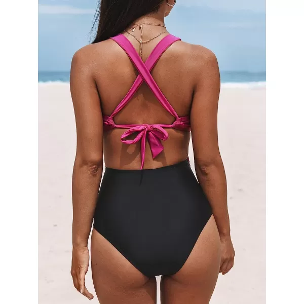 imageCUPSHE Womens One Piece Swimsuit V Neck Colorblock Bathing SuitPinkBlack