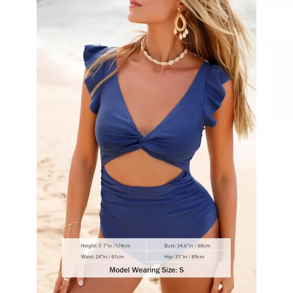 imageCUPSHE Womens One Piece Swimsuit V Neck Cutout Bathing Suit Ruffled Cap Sleeves SwimwearBlue