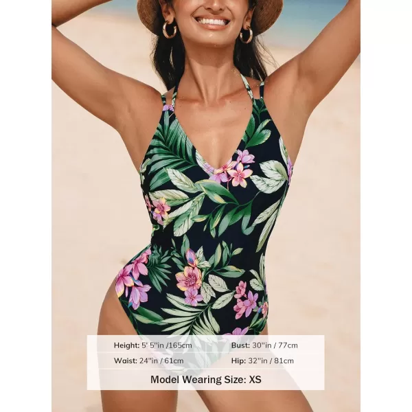 imageCUPSHE Womens One Piece Swimsuit V Neck Halter Bathing Suit Low Back Crisscross Back Tie Spaghetti StrapsBlackTropical