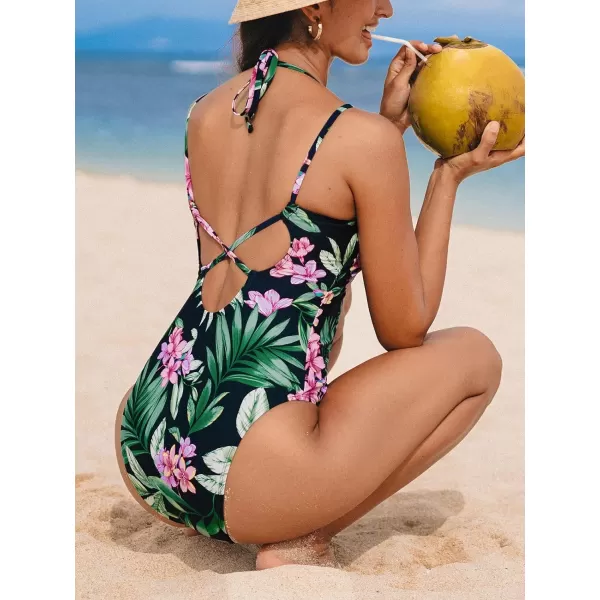imageCUPSHE Womens One Piece Swimsuit V Neck Halter Bathing Suit Low Back Crisscross Back Tie Spaghetti StrapsBlackTropical