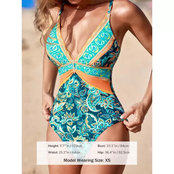 imageCUPSHE Womens One Piece Swimsuit V Neck Ruched Bathing Suit Crisscross Back Tie Adjustable StrapsCyanPaisley