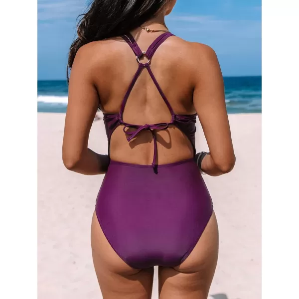 imageCUPSHE Womens One Piece Swimsuit V Neck Tummy Control Drawstring Double Straps Self Tie Back ORingMulberry Purple