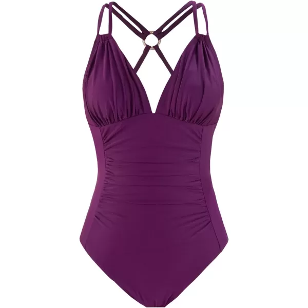imageCUPSHE Womens One Piece Swimsuit V Neck Tummy Control Drawstring Double Straps Self Tie Back ORingMulberry Purple