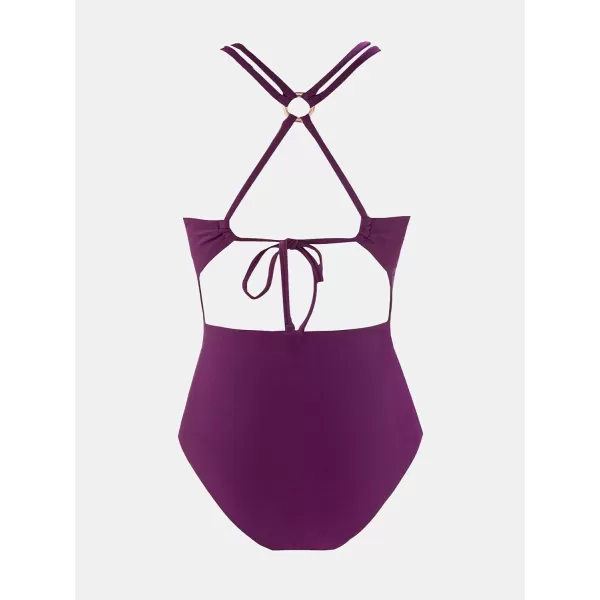 imageCUPSHE Womens One Piece Swimsuit V Neck Tummy Control Drawstring Double Straps Self Tie Back ORingMulberry Purple