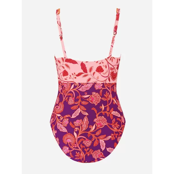 imageCUPSHE Womens One Piece Swimsuit V Neck Wide Straps Floral Colorblock SwimwearPinkPurpleFloral