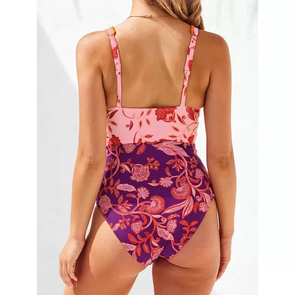 imageCUPSHE Womens One Piece Swimsuit V Neck Wide Straps Floral Colorblock SwimwearPinkPurpleFloral