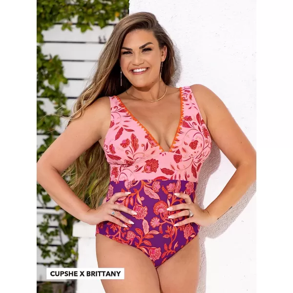 imageCUPSHE Womens One Piece Swimsuit V Neck Wide Straps Floral Colorblock SwimwearPinkPurpleFloral
