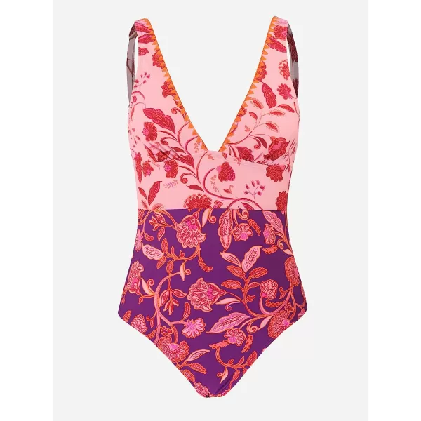 imageCUPSHE Womens One Piece Swimsuit V Neck Wide Straps Floral Colorblock SwimwearPinkPurpleFloral