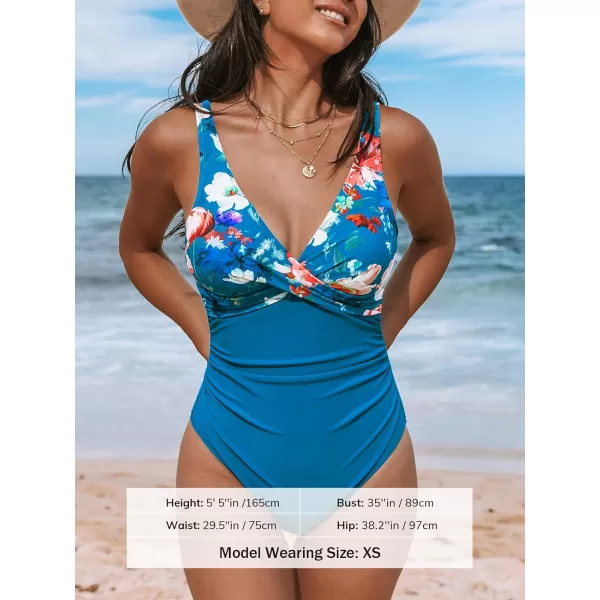 imageCUPSHE Womens One Piece Swimsuit V Neck Wrapped Front Ruched Bathing Suit with Adjustable StrapsNavy BlueFloral