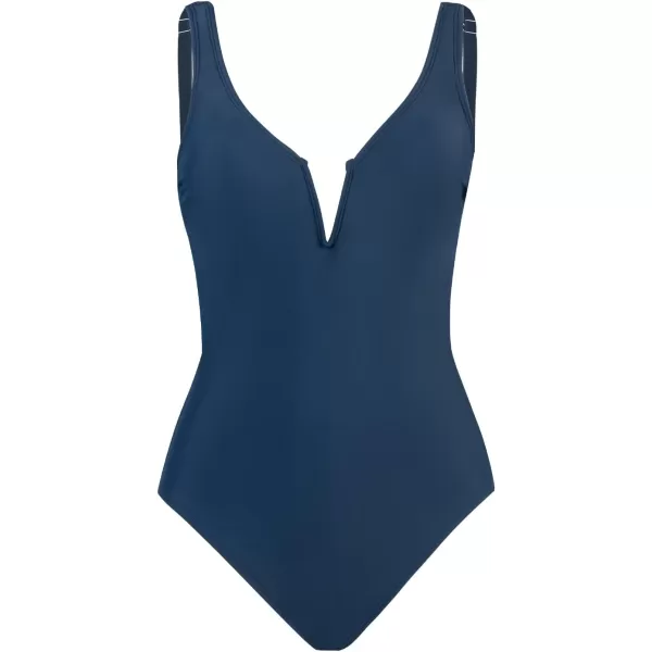 imageCUPSHE Womens One Piece Swimsuit V Wire Plunge Neck Adjustable Strap SwimwearNavy