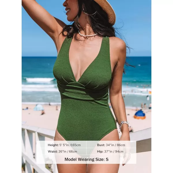 imageCUPSHE Womens One Piece Swimsuit Wide Straps Ruched Plunging V Neck Crosscriss Back StrapsMoss Green