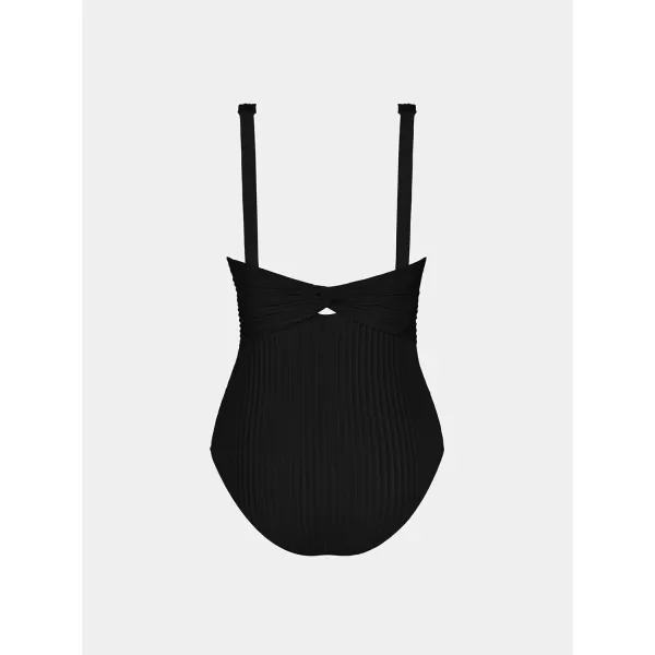 imageCUPSHE Womens One Piece Swimsuit Wide Straps V Neck Ruched Textured Ribbed Twist BackBlack