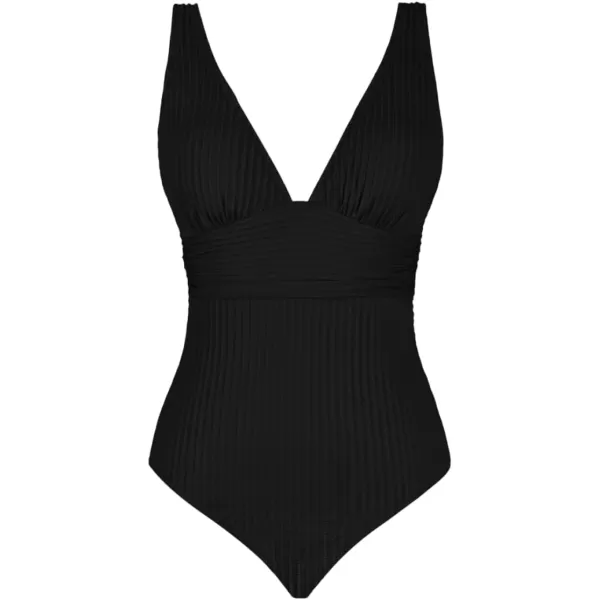 imageCUPSHE Womens One Piece Swimsuit Wide Straps V Neck Ruched Textured Ribbed Twist BackBlack