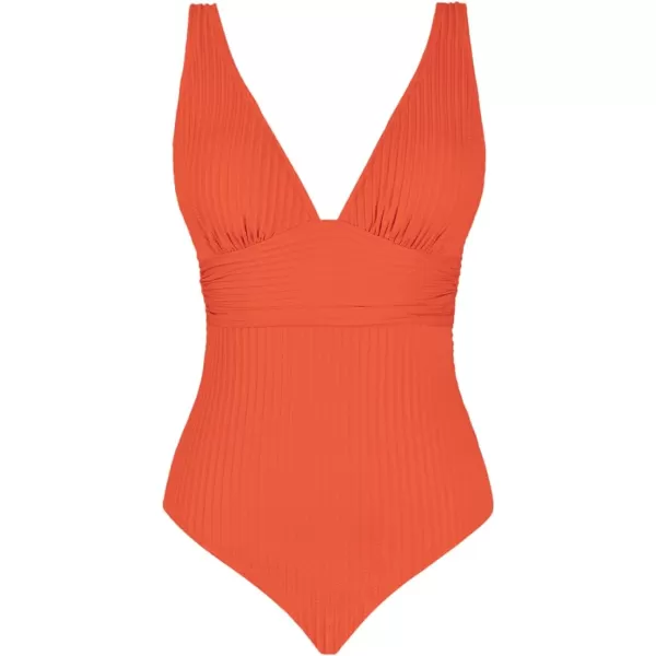 imageCUPSHE Womens One Piece Swimsuit Wide Straps V Neck Ruched Textured Ribbed Twist BackOrange