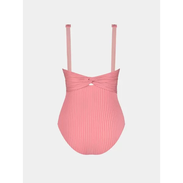 imageCUPSHE Womens One Piece Swimsuit Wide Straps V Neck Ruched Textured Ribbed Twist BackRose Pink