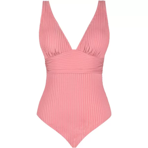 imageCUPSHE Womens One Piece Swimsuit Wide Straps V Neck Ruched Textured Ribbed Twist BackRose Pink