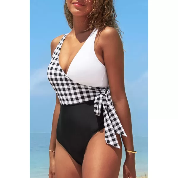 imageCUPSHE Womens One Piece Swimsuit Wrap Color Block Tie Side Bathing SuitBlack White Grid