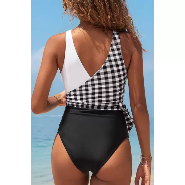 imageCUPSHE Womens One Piece Swimsuit Wrap Color Block Tie Side Bathing SuitBlack White Grid