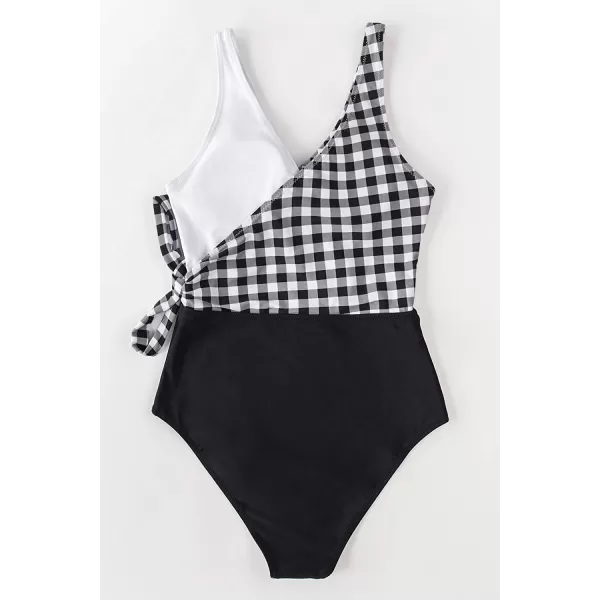 imageCUPSHE Womens One Piece Swimsuit Wrap Color Block Tie Side Bathing SuitBlack White Grid