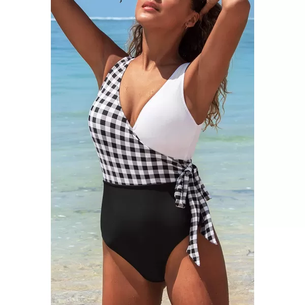 imageCUPSHE Womens One Piece Swimsuit Wrap Color Block Tie Side Bathing SuitBlack White Grid