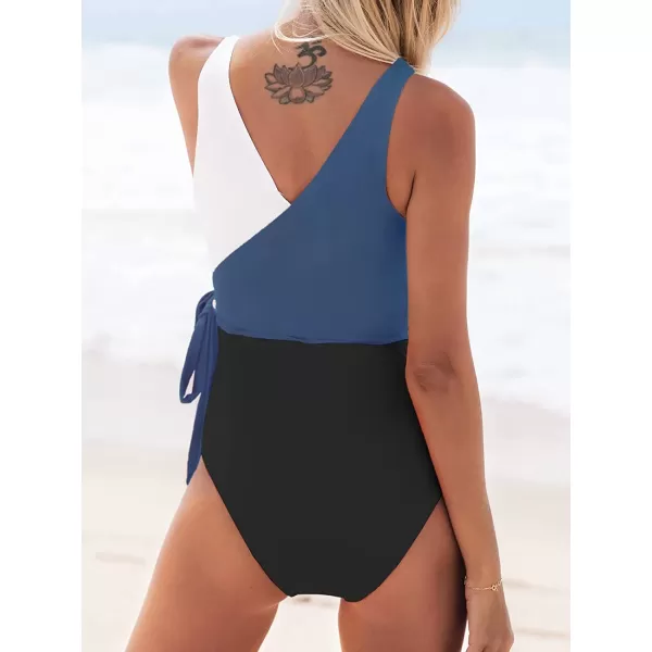 imageCUPSHE Womens One Piece Swimsuit Wrap Color Block Tie Side Bathing SuitBlue