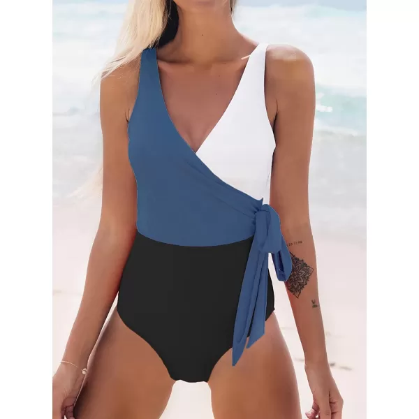 imageCUPSHE Womens One Piece Swimsuit Wrap Color Block Tie Side Bathing SuitBlue