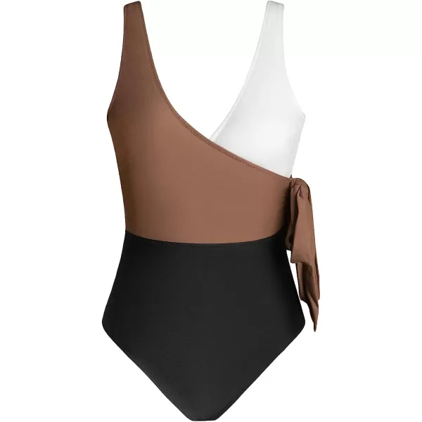 imageCUPSHE Womens One Piece Swimsuit Wrap Color Block Tie Side Bathing SuitBrown
