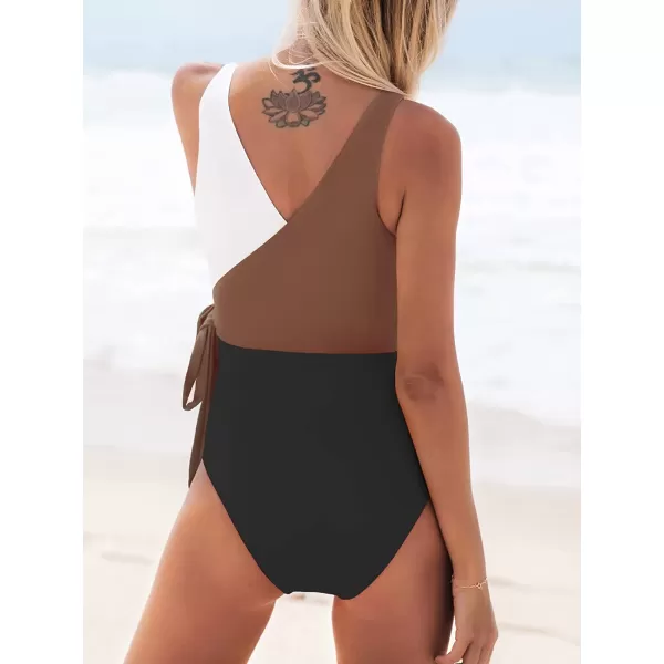 imageCUPSHE Womens One Piece Swimsuit Wrap Color Block Tie Side Bathing SuitBrown