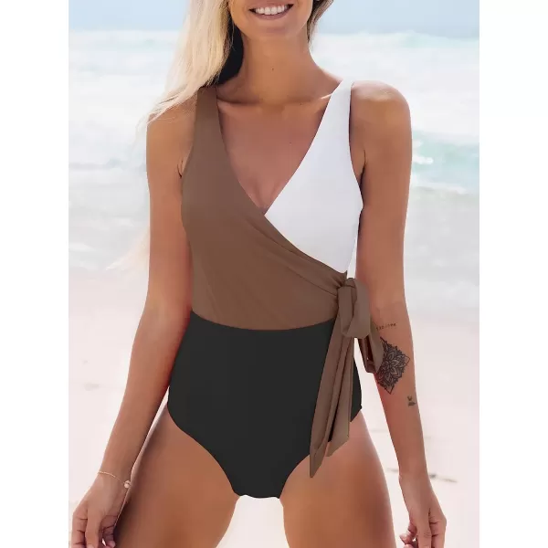 imageCUPSHE Womens One Piece Swimsuit Wrap Color Block Tie Side Bathing SuitBrown