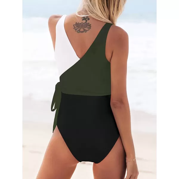 imageCUPSHE Womens One Piece Swimsuit Wrap Color Block Tie Side Bathing SuitGreen