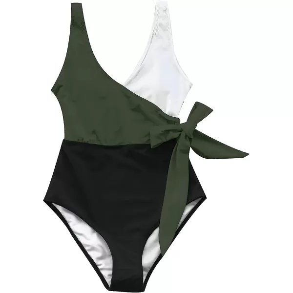 imageCUPSHE Womens One Piece Swimsuit Wrap Color Block Tie Side Bathing SuitGreen