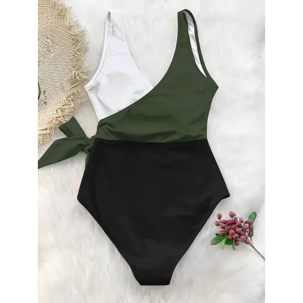 imageCUPSHE Womens One Piece Swimsuit Wrap Color Block Tie Side Bathing SuitGreen