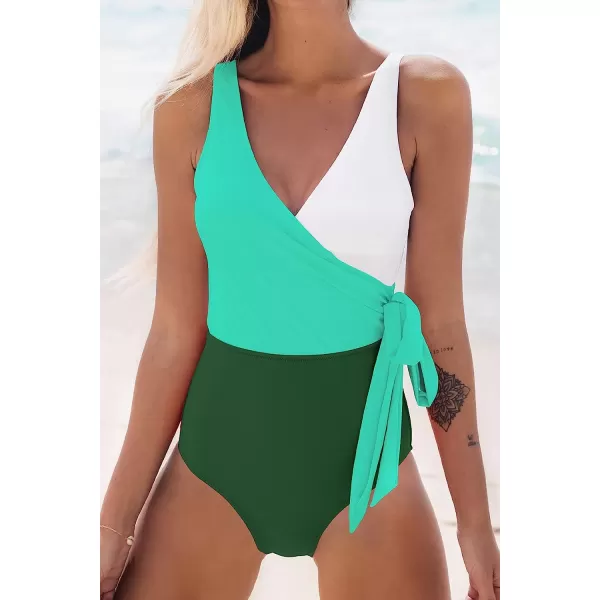 imageCUPSHE Womens One Piece Swimsuit Wrap Color Block Tie Side Bathing SuitGreen White