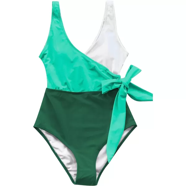 imageCUPSHE Womens One Piece Swimsuit Wrap Color Block Tie Side Bathing SuitGreen White