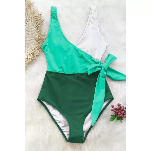 imageCUPSHE Womens One Piece Swimsuit Wrap Color Block Tie Side Bathing SuitGreen White