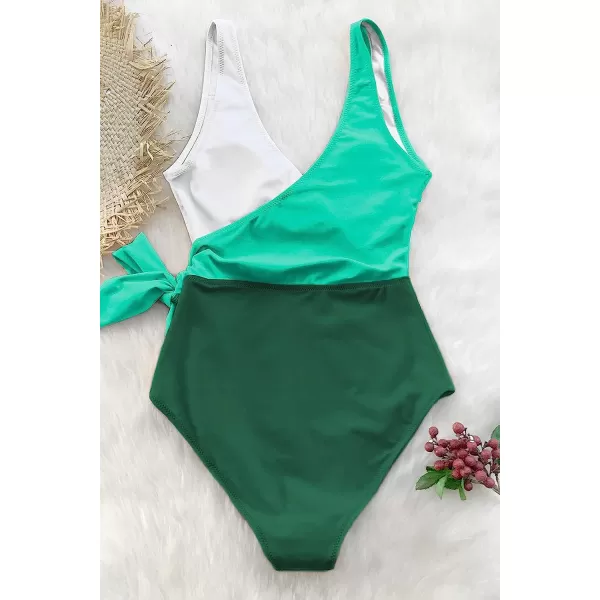imageCUPSHE Womens One Piece Swimsuit Wrap Color Block Tie Side Bathing SuitGreen White