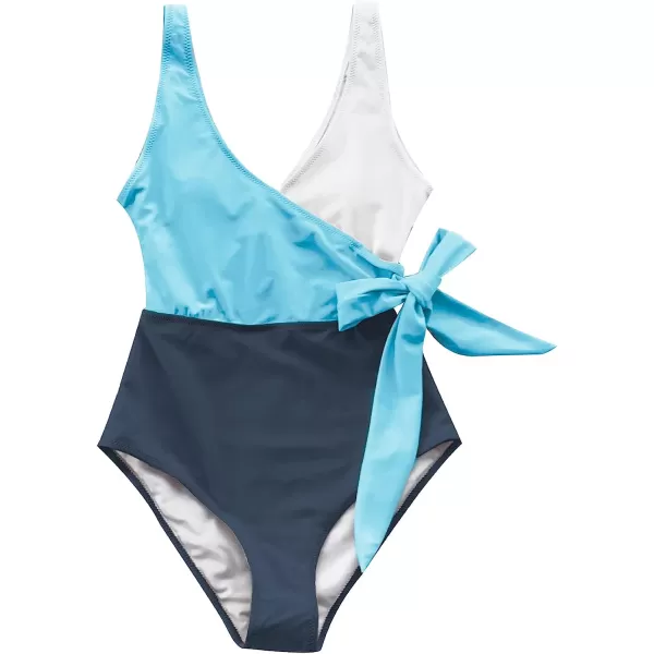 imageCUPSHE Womens One Piece Swimsuit Wrap Color Block Tie Side Bathing SuitLight Blue