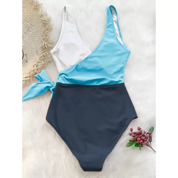 imageCUPSHE Womens One Piece Swimsuit Wrap Color Block Tie Side Bathing SuitLight Blue