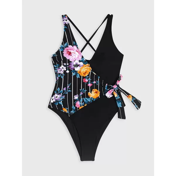 imageCUPSHE Womens One Piece Swimsuit Wrap Color Block Tie Side Bathing SuitMulticoloured